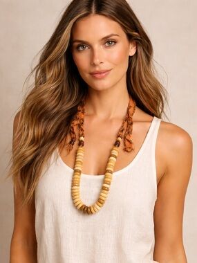 Free People Boho Disc Bead Necklace Ribbon Tie Natural Stone Style 99579872
